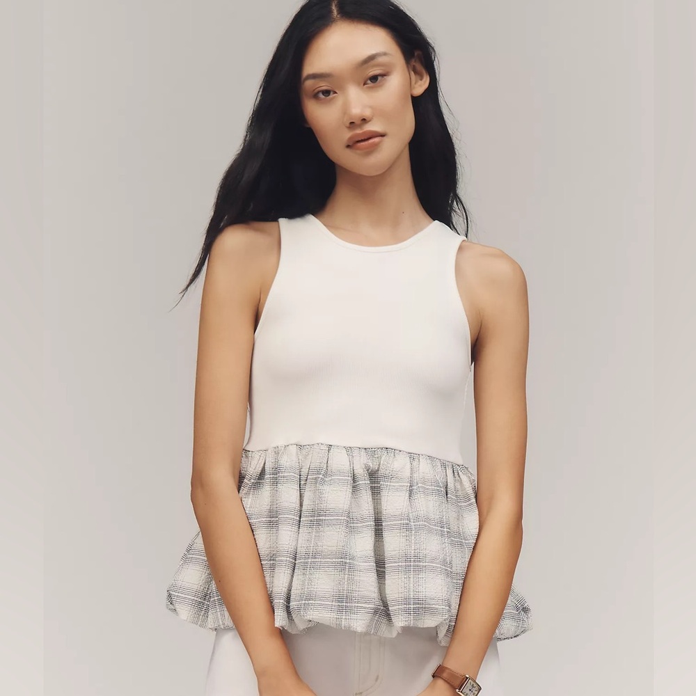 NWT Maeve White Bubble Gingham Plaid Peplum Top Anthropologie Large L